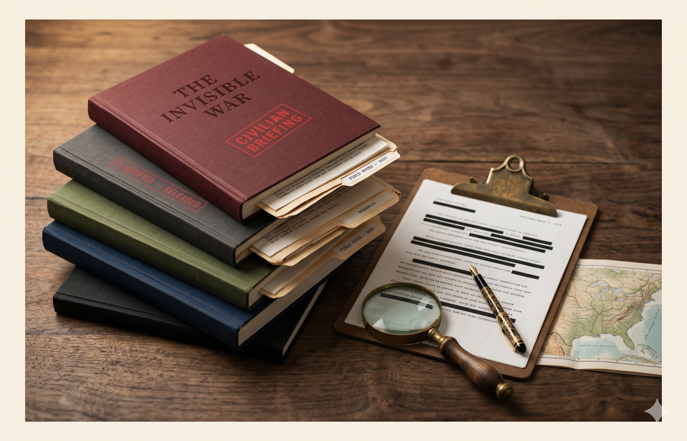 The Invisible War dossier and its four companion field manuals, photographed for publication.