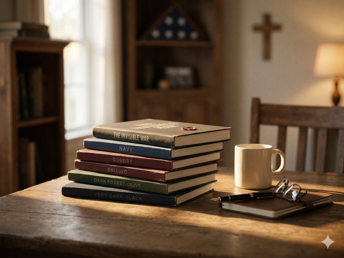 The five-dossier bundle resting on a wooden surface in a warm American home.